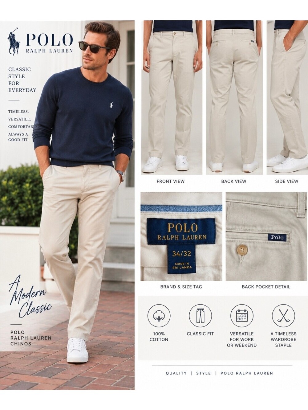 Polo Ralph Lauren Men’s Chino Pants 34x32 Beige Khaki 100% Cotton Classic Fit